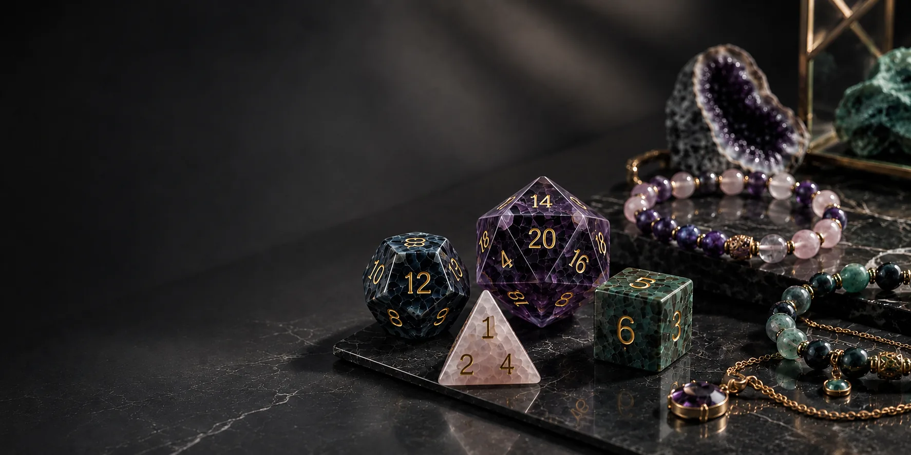 Custom gemstone dice and beaded jewelry — amethyst, rose quartz and agate with gold engraving on dark marble